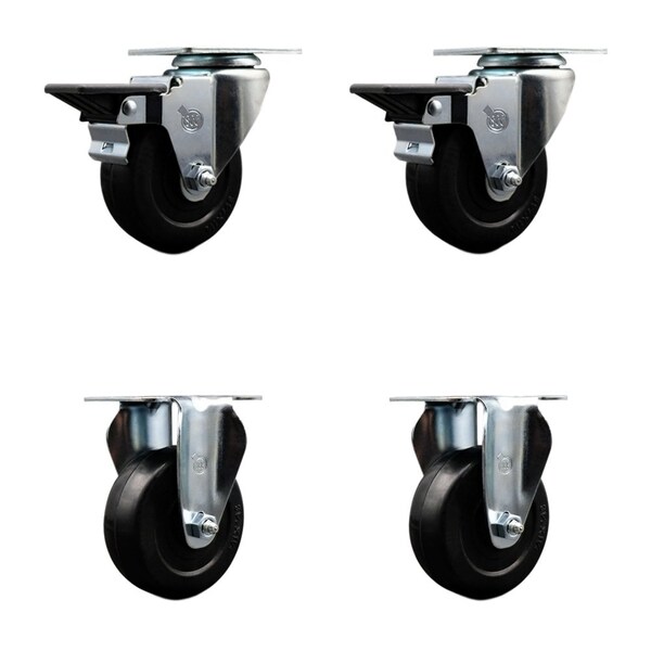 3.5'' Hard Rubber Wheel Swivel Top Plate Caster Set 2 Posi Brakes 2 Rigid, 4PK